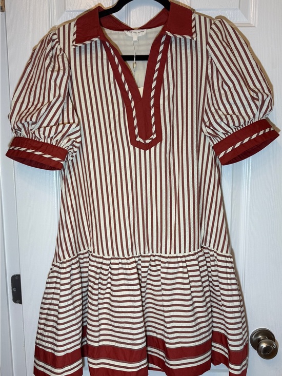 entro Dresses & Skirts - Entro - Red Rust and Cream Striped Puff-Sleeve Dress with matching trim